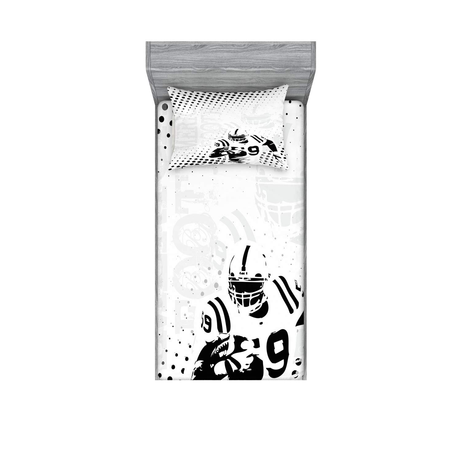 Ambesonne Sports Fitted Sheet & Pillow Sham Set American Football Character Running Passing Gridiron Goal Dotted Graphic Art Decorative Printed 2 Piece Bedding Decor Set for Dorm & Bedroom Twin, Black