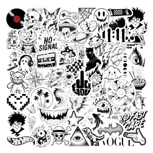 Image of Aesthetic Black White Stickers Pack of 60, Waterproof Vinyl Decals for Laptop, Water Bottle, Mobile Cover, Notebook, Journal, Luggage & Scrapbook | Trendy Cool Sticker Pack for Teens & Adults