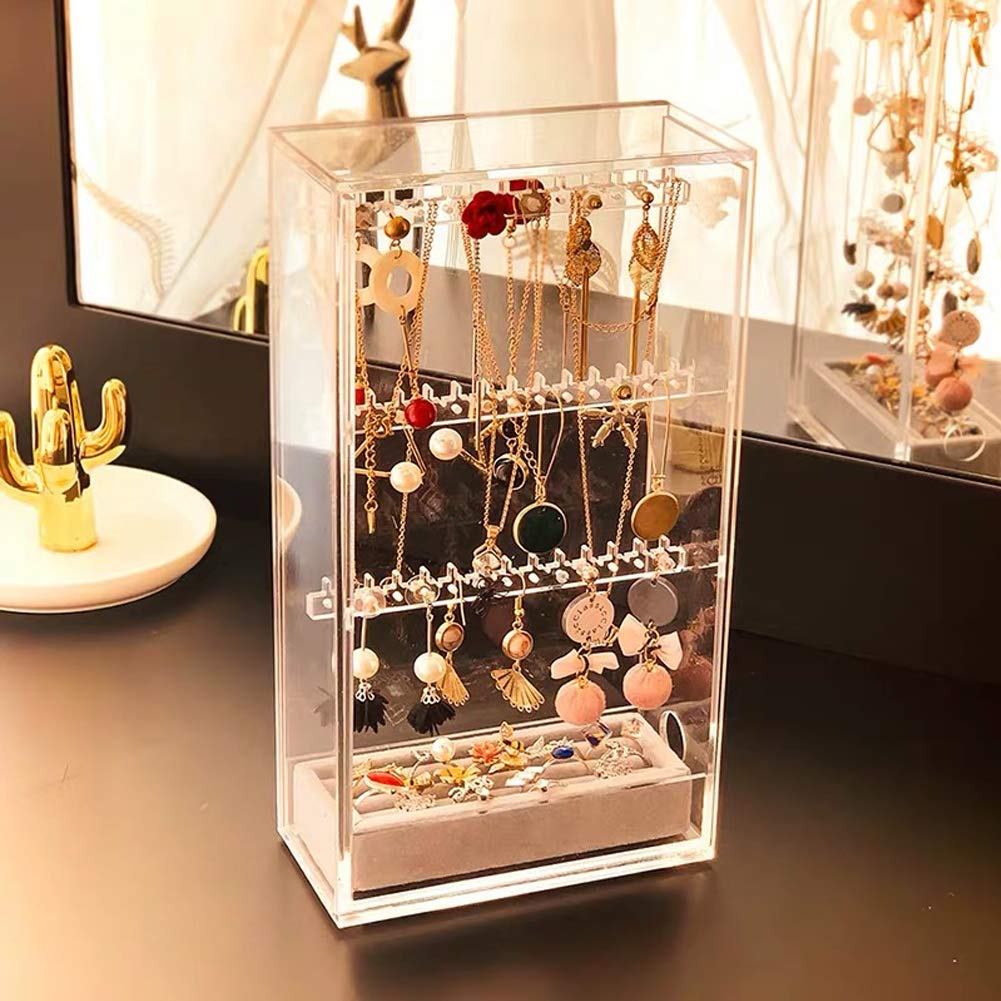 Caja de Almacenamiento de Joyas de acrílico, Expositor de Pendientes, Bandeja con cajón, para Anillos, Collares y Pulseras, a Prueba de Polvo.