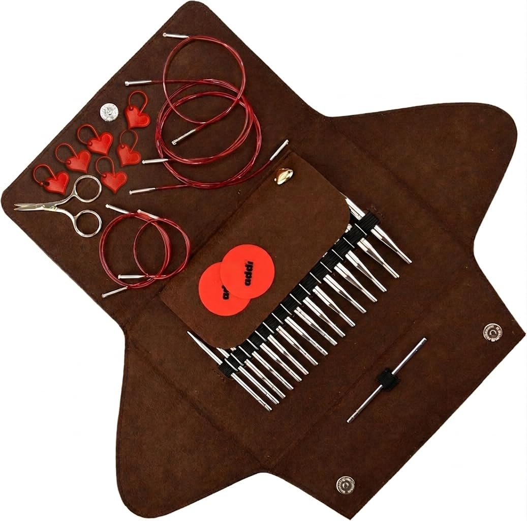Agujas intercambiables AddiClick con 5 cuerdas rojas, tijeras de oro y marcador