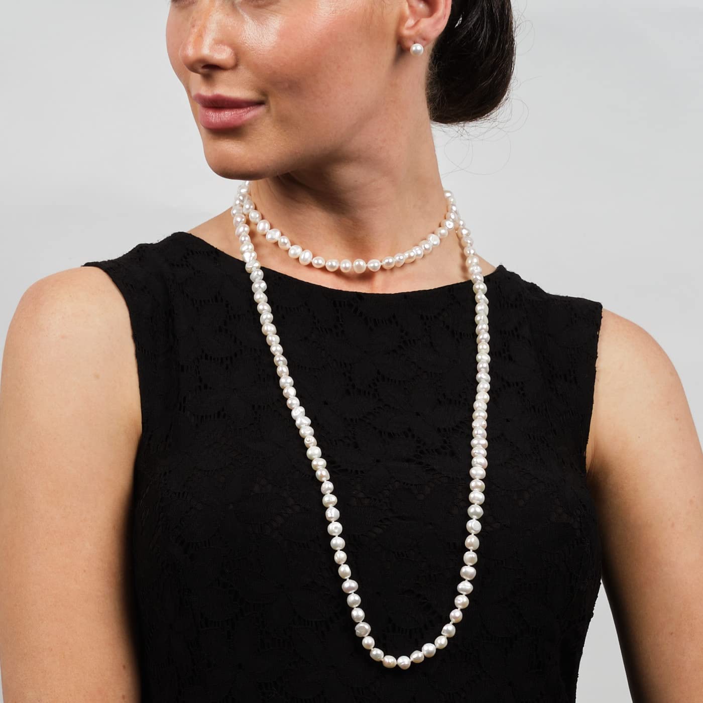 Treasure Bay Elegante collar de cuerda de perlas barrocas de agua dulce de 7 a 8 mm para mujer, 120 cm de largo, cadena de perlas multicapa hecha a mano, blanco, negro, rosa o gris