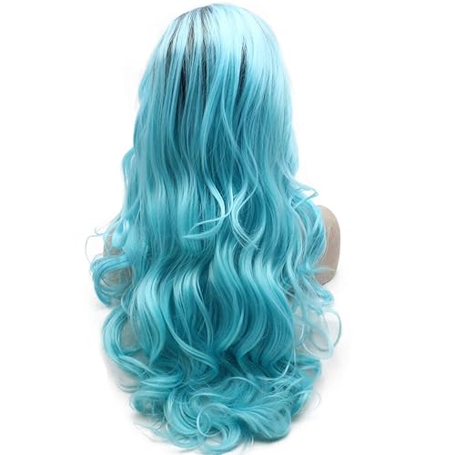 Miniatura 9 de Mxangel - Peluca larga ondulada de encaje sintético con encaje frontal, color azul claro