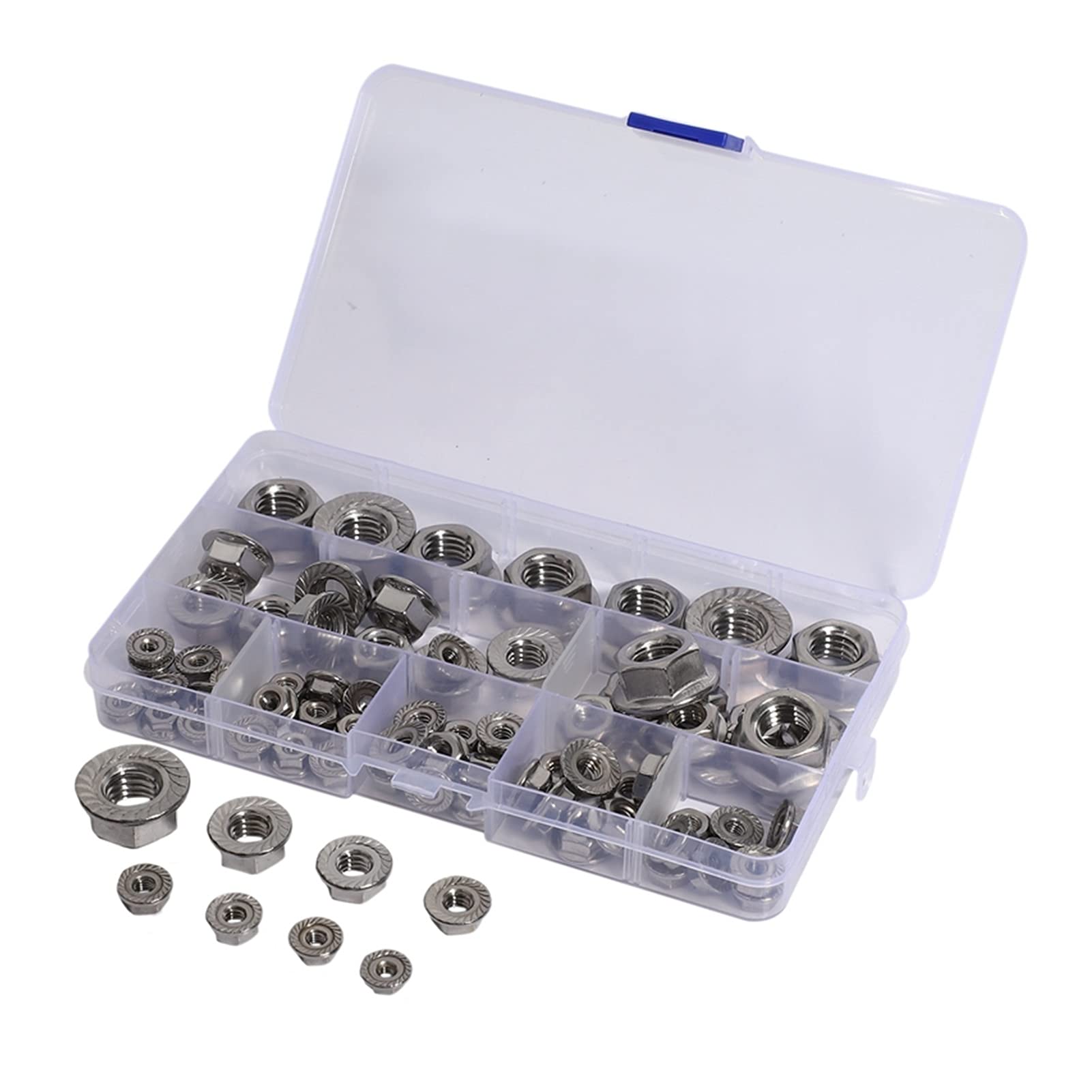 YANGQI yaoqijie 80pcs Hexagon Flange Dadi assortimento Kit 304 Acciaio Inox 6-32 8-32 10-24 10-32 1/4 pollici-20 5/16 pollici-18 Lasting (Color : Silver)
