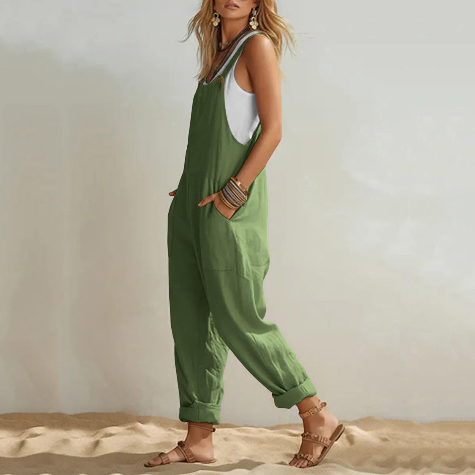 Salopette Femme D'été Coton Chic et Fluide Combinaison Longue Baggy Bretelles sans Manches Couleur Unie Coupe Ample Pantalon Confortable Poches Décontractée Jumpsuit Loose De Plage