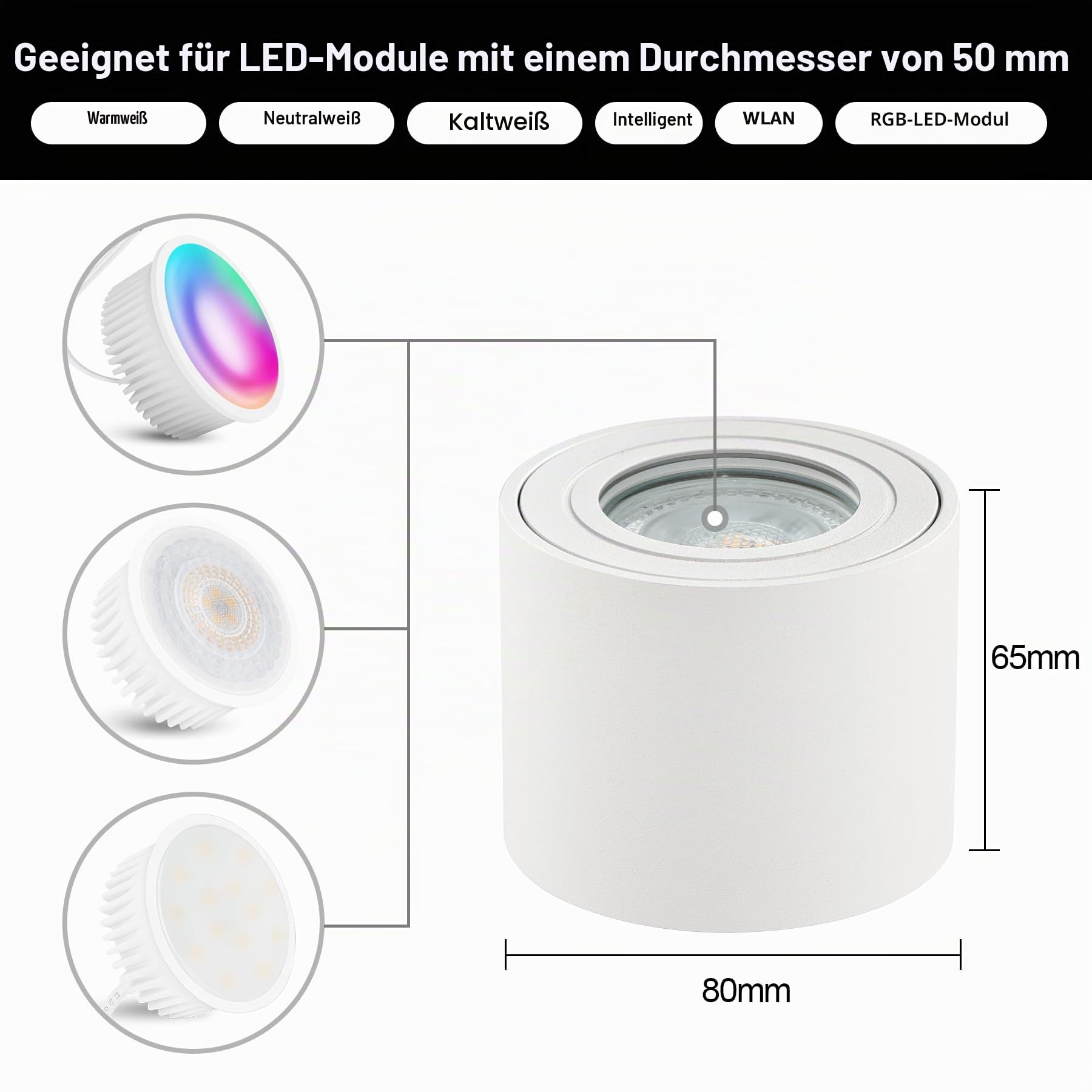 KYOTECH LED Aufbauspot flach IP44 Weiß Aufputz Deckenleuchte Ø80x65mm für LED Module 230V Aufbauleuchte Downlight Runde Wasserschutz für Bad & Außen 4 Stück ohne Leuchtmittel