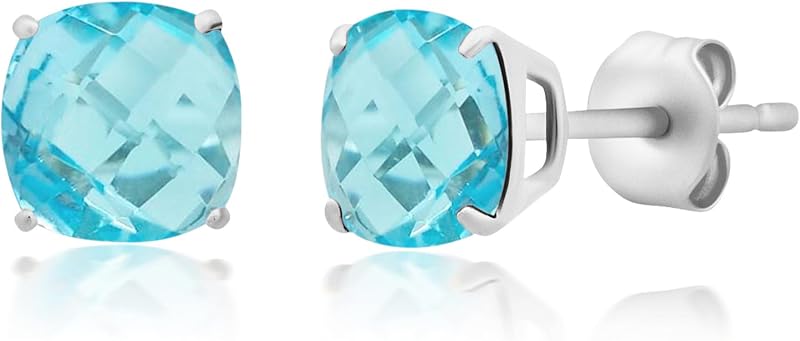 925 Sterling Silver Cushion Cut Gemstone Stud Earrings for Women | 6MM Hypoallergenic Birthstone Stud Earrings | Anti Tarnish Silver Earring Studs by MAX + STONE