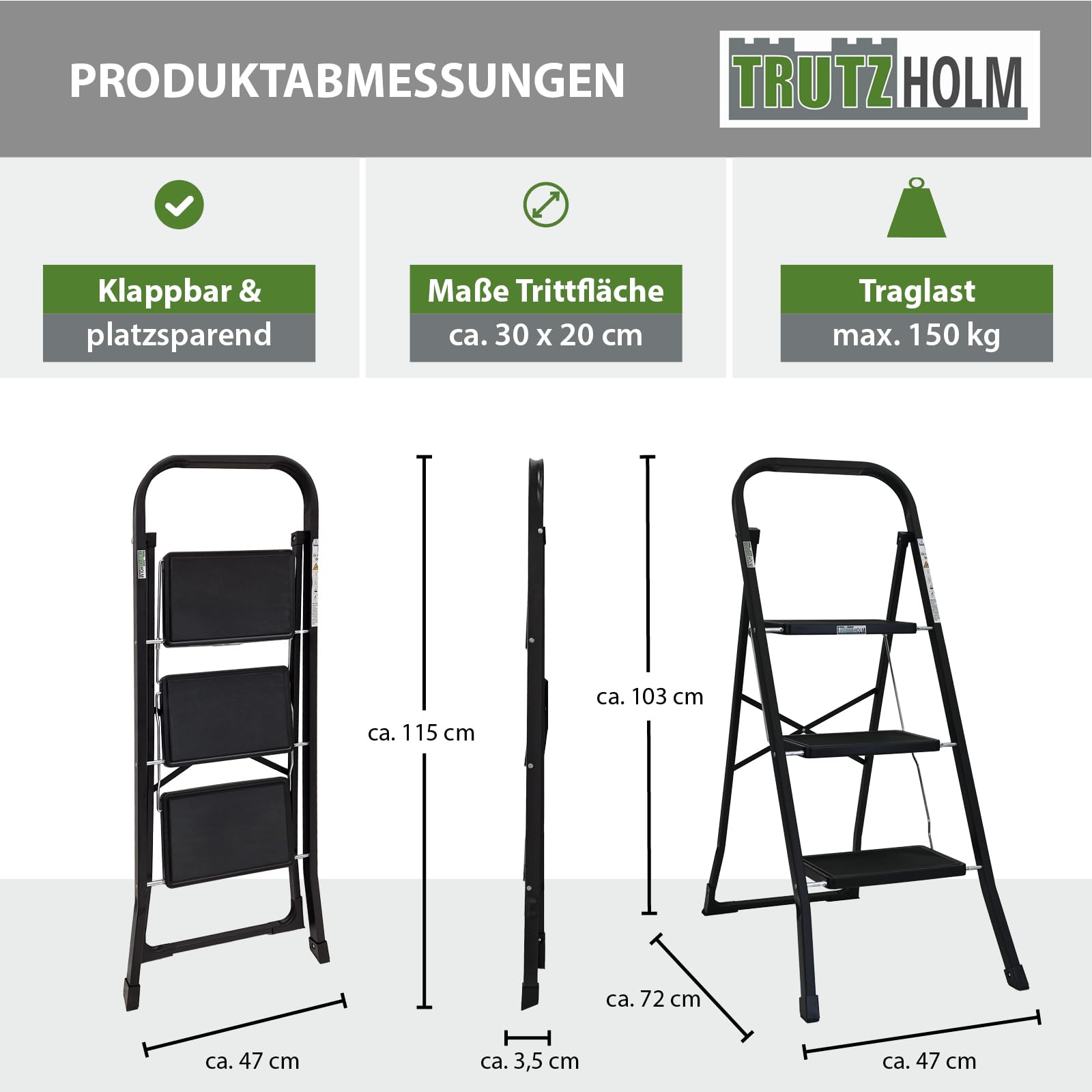 TRUTZHOLM Trittleiter 2 oder 3 Stufen klappbar TÜV/GS Zertifiziert 150 kg Klappleiter Anti-Rutsch Trittflächen & Sicherheitsverriegelung Klapptritt Haushaltstritt Stahl Leiter (Schwarz, 3 Stufen)