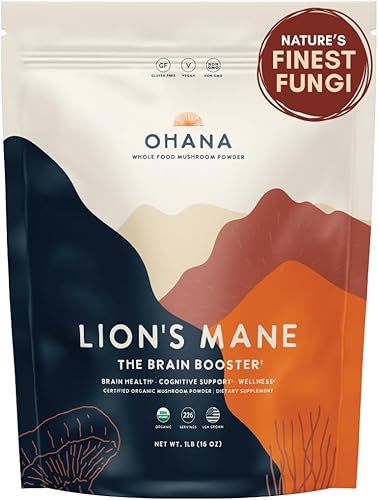 Ohana Lion's Mane, mezcla de polvo de hongos orgánicos, suplemento orgánico de hongos integrales USDA, sin OMG, sin gluten, bolsa de 1 libra,