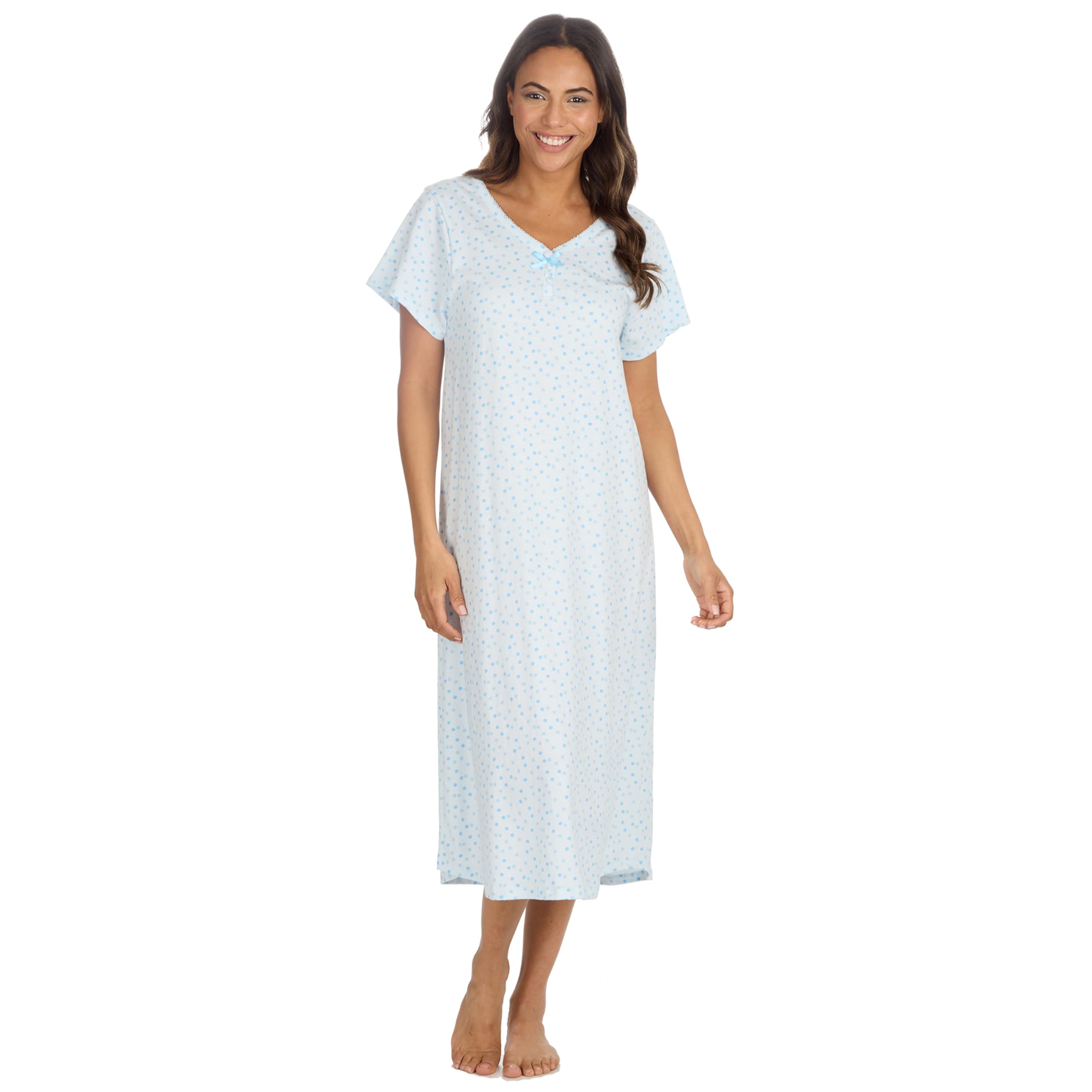 Metzuyan Ladies Short Sleeved Floral Nightdress 100% Cotton Nightshirt Flowers Nightie Blue Spot Size 22-24