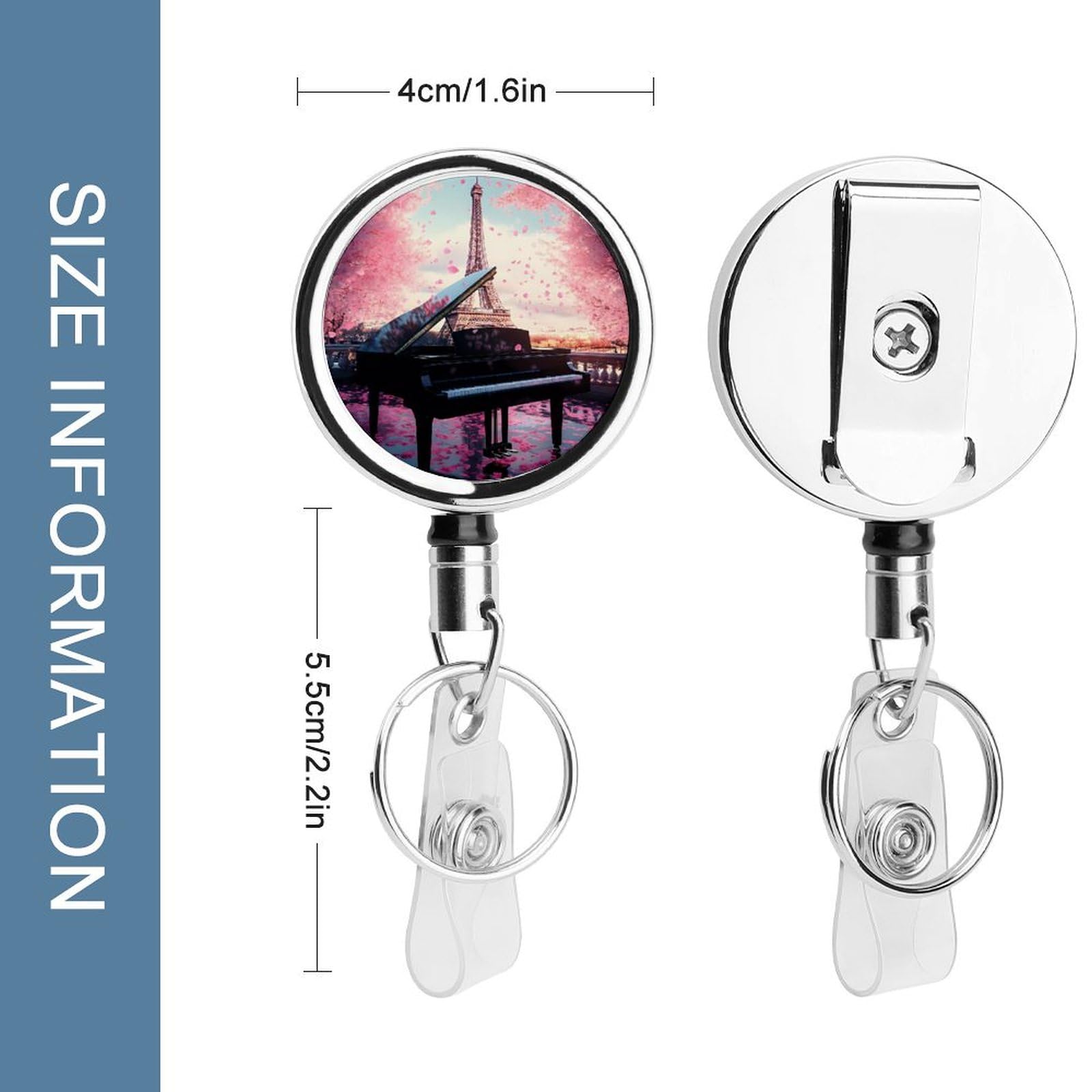 Eiffel Tower Cherry Flowers Retractable Badge Holder Metal ID Name Holder Key Ring with Belt Clip