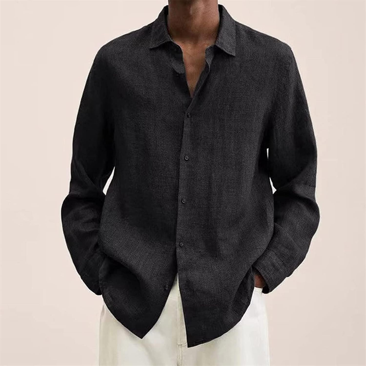Men Linen Shirt Button Down Long Sleeve Cotton Beach Band Collar Shirts Lightweight Casual Solid Plain Loose Shirt
