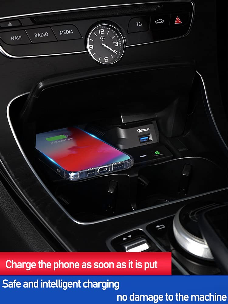 Cargador de Coche USB Apto for Mercedes-Benz W205 C43 C63 AMG GLC 43 GLC63 X253 Clase C GLC teléfono móvil rápido QI Almohadilla de Carga inalámbrica