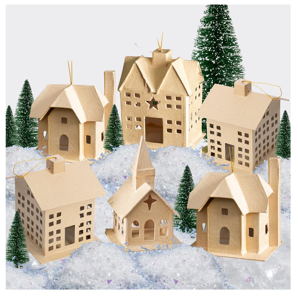 Factory Direct CraftSet of 6 Paper Mache Village Ornaments - Cardboard Papier Mache DIY Gift Boxes Craft and Christmas Village Displays (Size: 4-1/4" to 5" H)