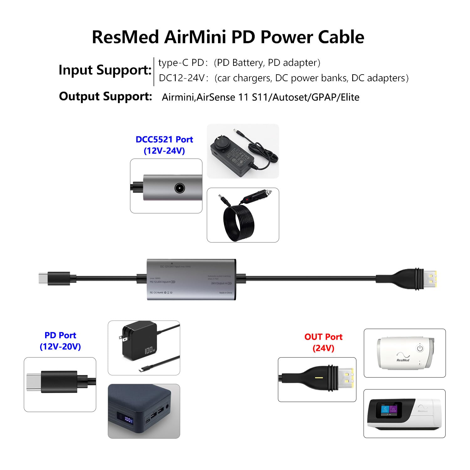 STAIGO USB-C AirMini PD kabel zasilający do AirSense 11/S11/Airmini/AutoSet/Elite/CPAP AirSense 11 przetwornik prądu stałego