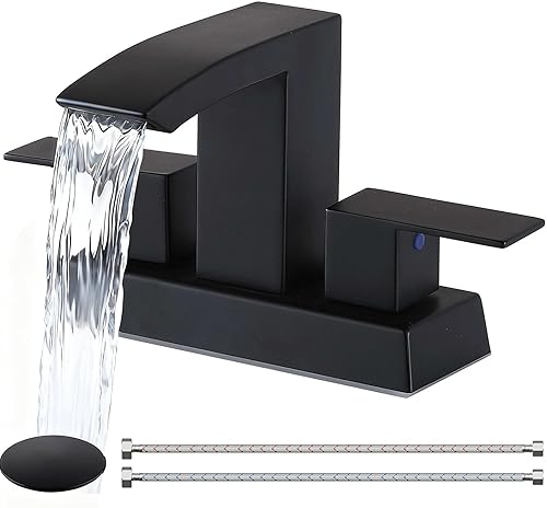 Friho Grifo de baño de cascada negra, grifos de lavabo central de 4 pulgadas, 3 agujeros y 2 manijas con boquilla cuadrada, drenaje desplegable y