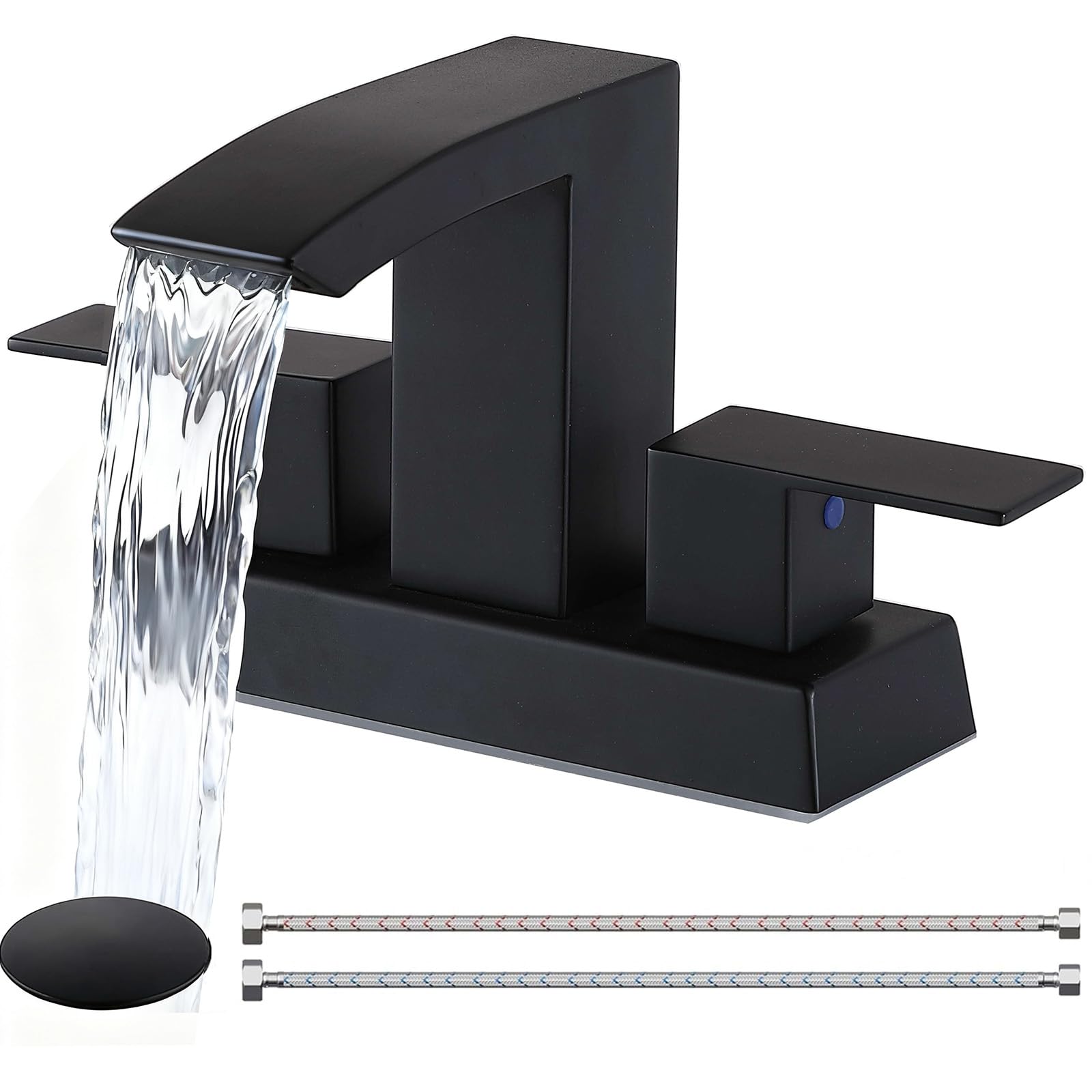 Friho Black Waterfall Bathroom Faucet 4 Inch Centerset Bathroom Sink Faucets 3 Hole 2 Handle with Square Spout