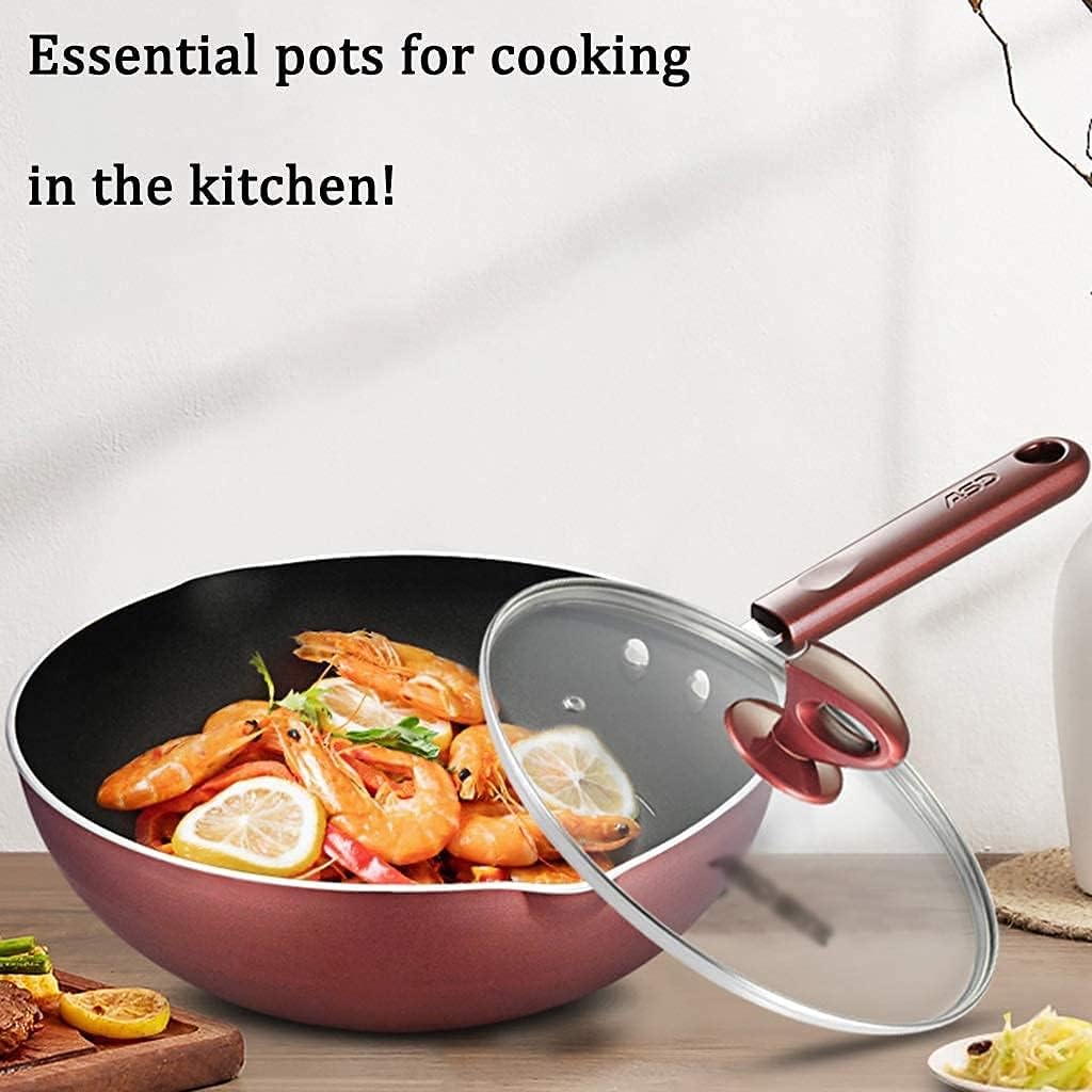 Fry Pans Skillets Cooking Pan Wok Pan With Lid,Kitchen Cooking Frying Pan Steak Pan Non-Stick Pan, Easy To Clean Wok, Bilateral Diversion Grooves (Color : Red Wine, Size : 28 * 8cm) (Red Wine 28*8cm)