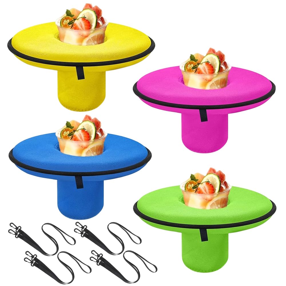 Jonuin Floating Drink Holder, 4 Pcs Floating Coaster Pool Drink Holder with Rope for Pool Party, Hot Tub & Outdoor Water Fun, Compatible with Slim and Wide-mouth Cans and Bottles