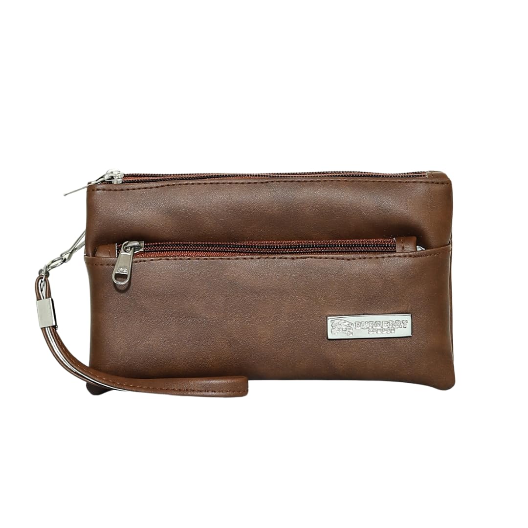 Double Zipper Wristlet Clutch Purse, brown, Faux Leather, Small Handbag-image-41