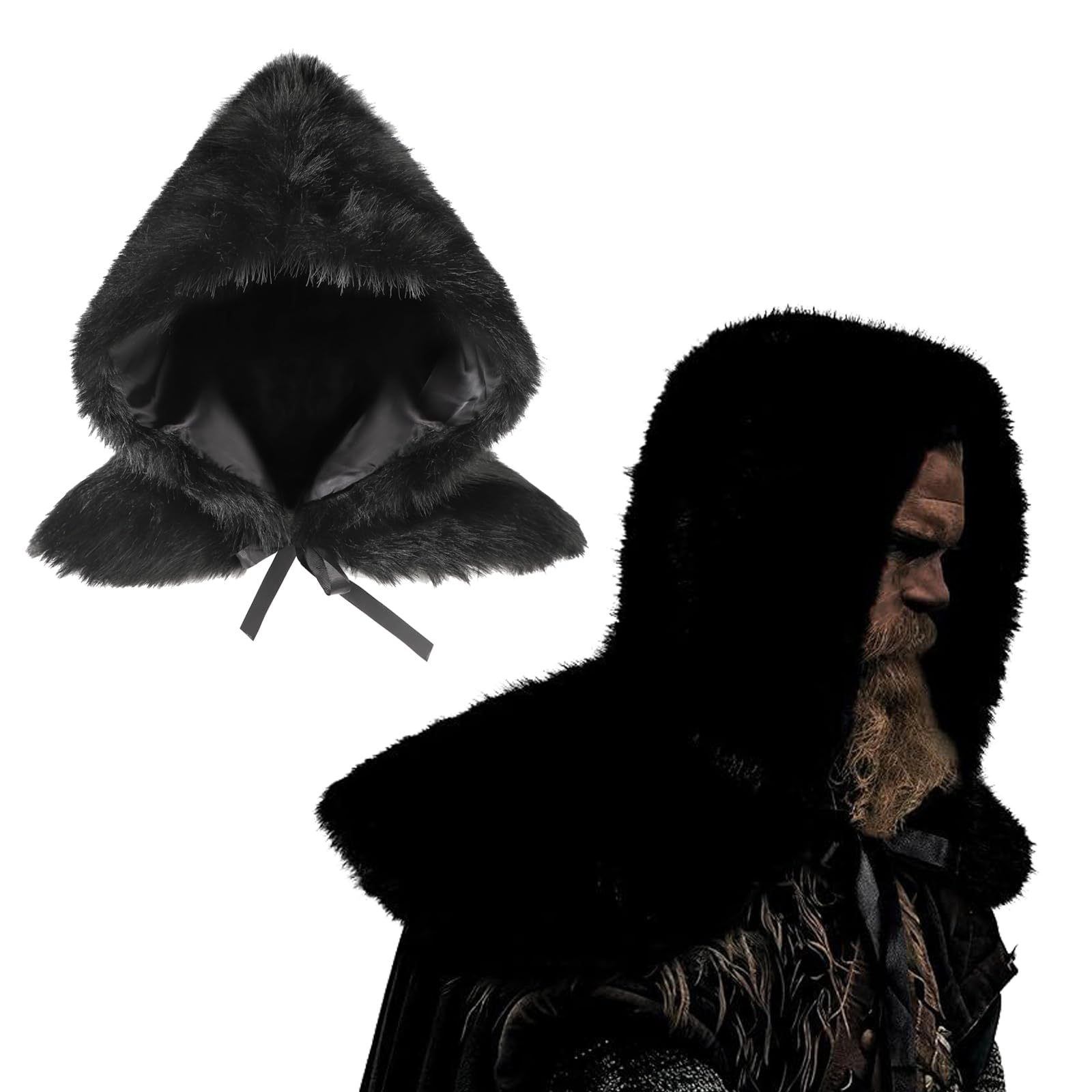 Mens Medieval Retro Faux Fur Hooded Shoulder Wrap Fancy Dress Viking Costume Scarf Cape Norse Barbarian Furry Shawl Shoulder Armour Thermal Cover Up Shrug Collar Stole for Halloween Cosplay LARP