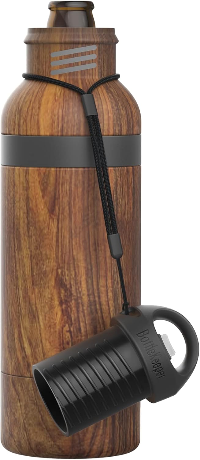BottleKeeper X - Double Walled Vacuum Insulated Bottle with a Bottle Opener Built into the Tethered Cap - 12oz Longneck - Protects & Keeps Your Beer Cold Up To 6 Hours (Maple)