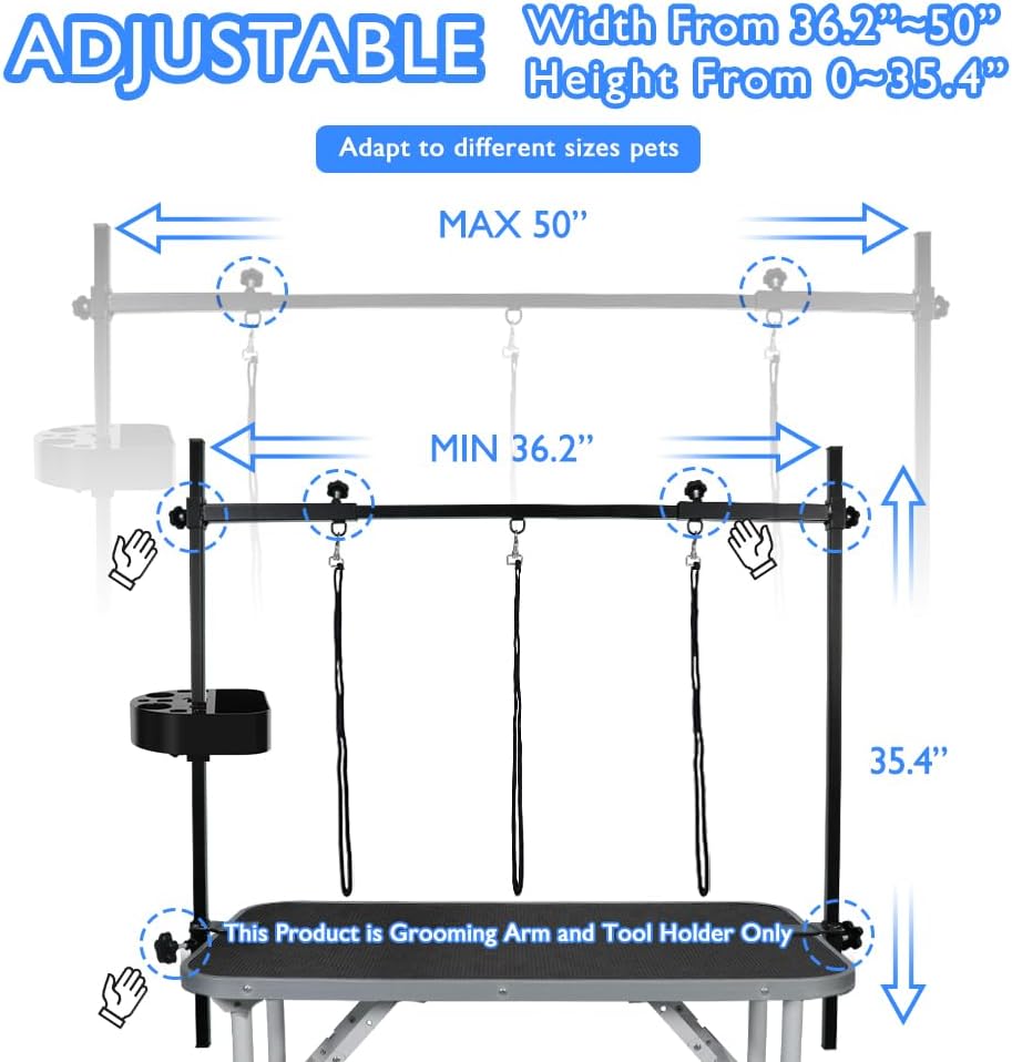 LEIBOU H-Shape Pet Grooming Table Arm with Tool Holder Noose and Clamp for Dogs and Cats Heavy Duty Aluminum Alloy Frame with 35.4” Adjustable Height and 36.2” ~ 50” Adjustable Width