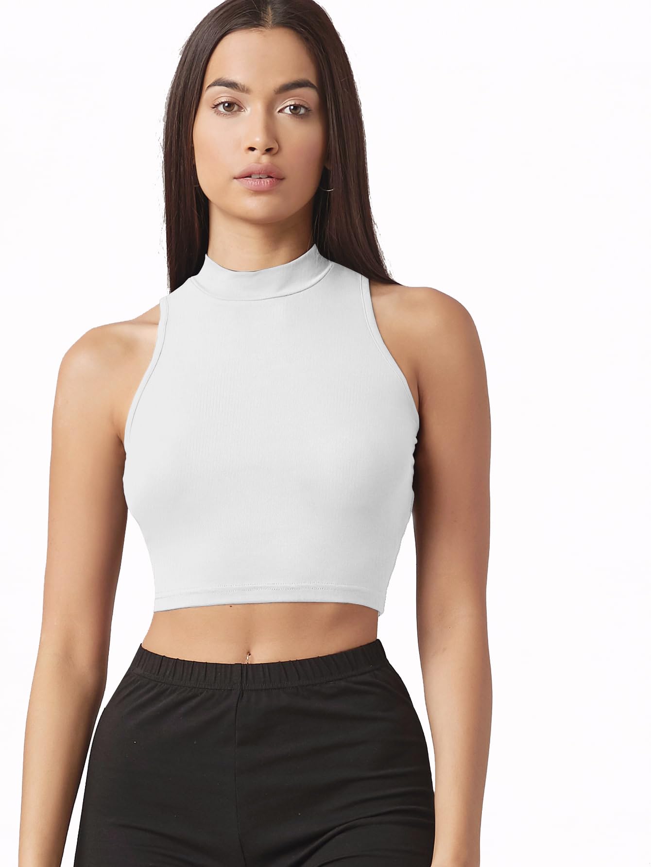 Sugathari Damski dziewczęcy top z wysokim dekoltem, prążkowany, Crop Tank Top (Top 37)