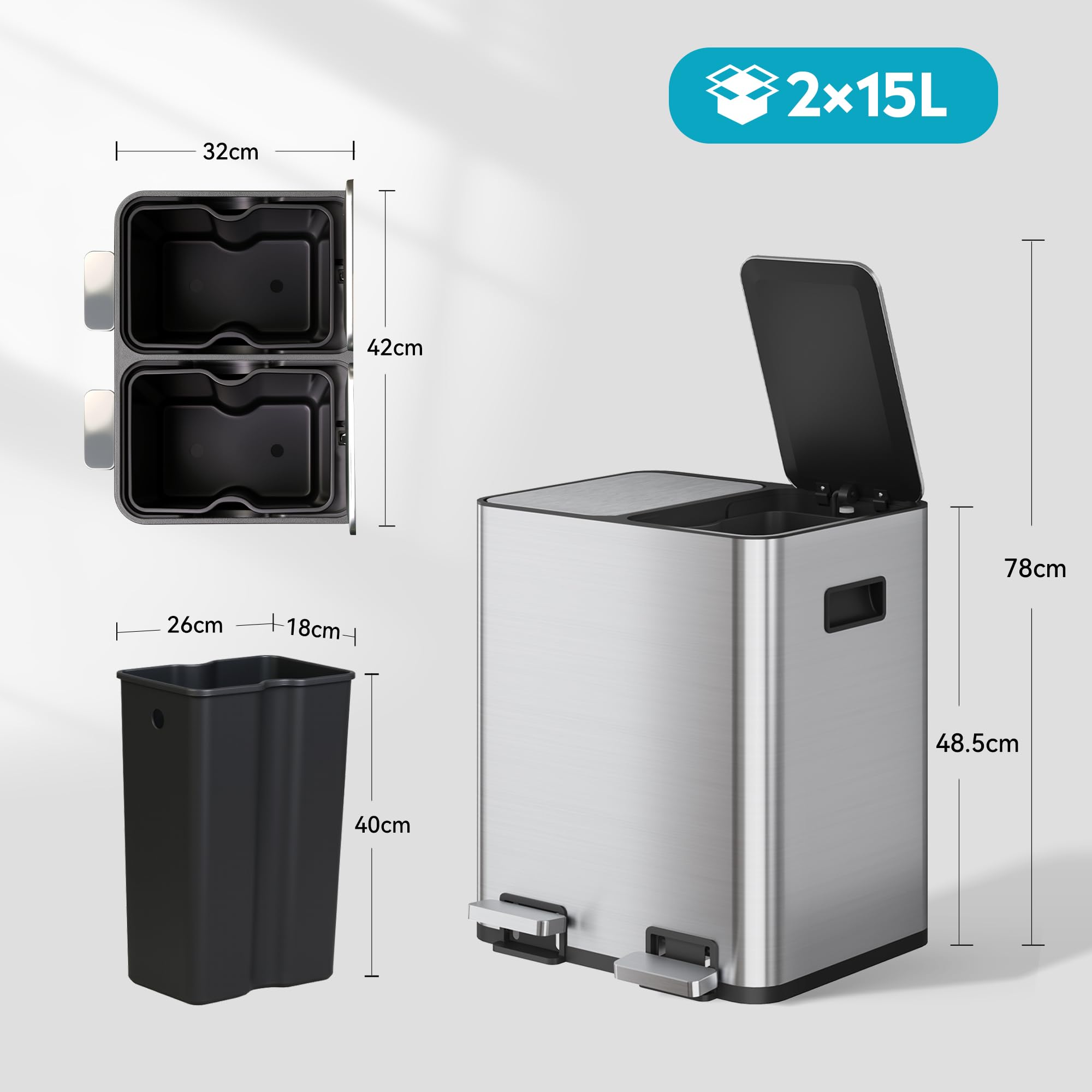 WLIVE Poubelle de Cuisine 30L avec 2 compartiments, Bac de Tri Sélectif, Acier Inoxydable, Pédale Mains Libres, Anti-Odeurs, Design Compact, Gris
