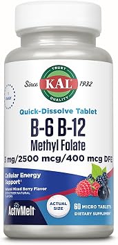 KAL Vitamin B-6 B-12 Methyl Folate ActivMelt, Vitamin B Supplement, Heart Health, Energy and Red Blood Cell Support with Methyl B12 and DFE Folic Acid, Natural Berry Flavor, 60 Servings, 60 Micro Tabs