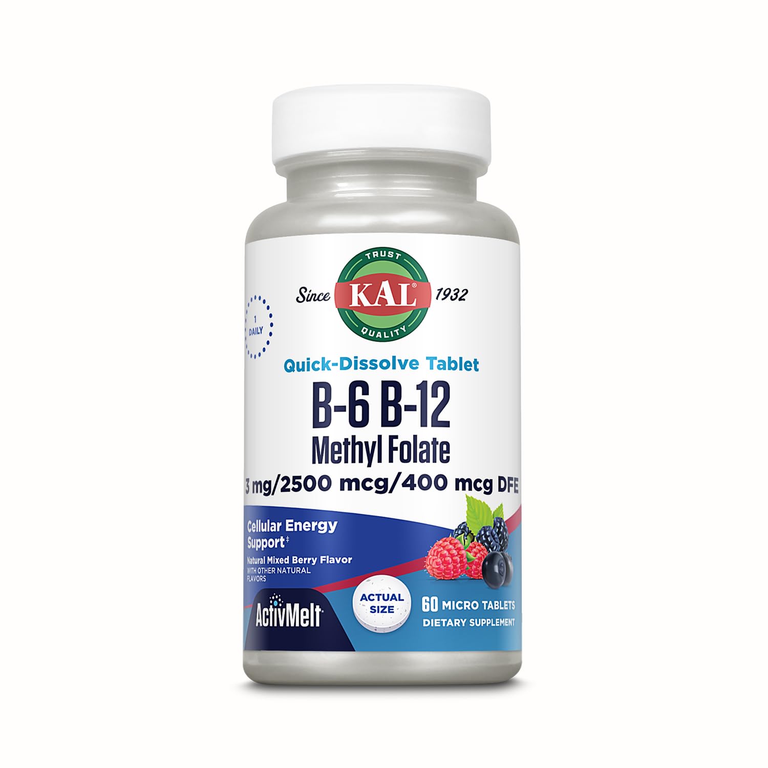 KAL Vitamin B-6 B-12 Methyl Folate ActivMelt, Vitamin B Supplement, Heart Health, Energy and Red Blood Cell Support with Methyl B12 and DFE Folic Acid, Natural Berry Flavor, 60 Servings, 60 Micro Tabs Mixed Berry 60 Micro Tabs