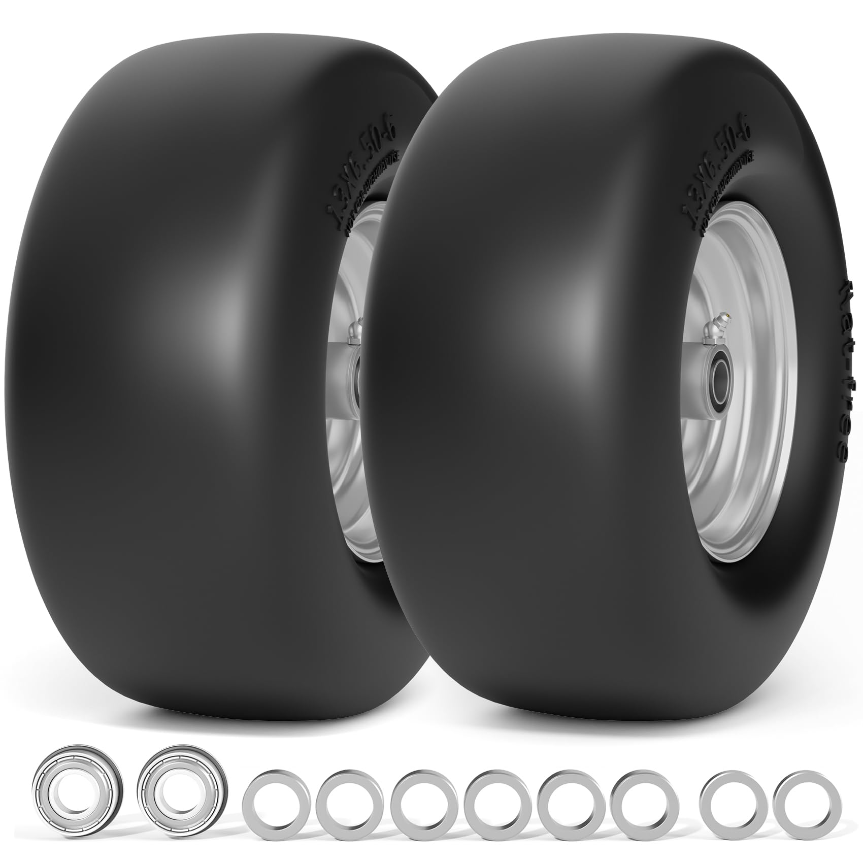 13x6.5-6 Flat Free Tire and Wheel, Front Solid 13x6.5-6 Lawn Mower Tires with 3/4" & 1/2" & 5/8" Bearing, Zero Turn Mower Assembly for Commercial Garden Lawns, 5.5"-7.5" Center Hub, 2 Pack
