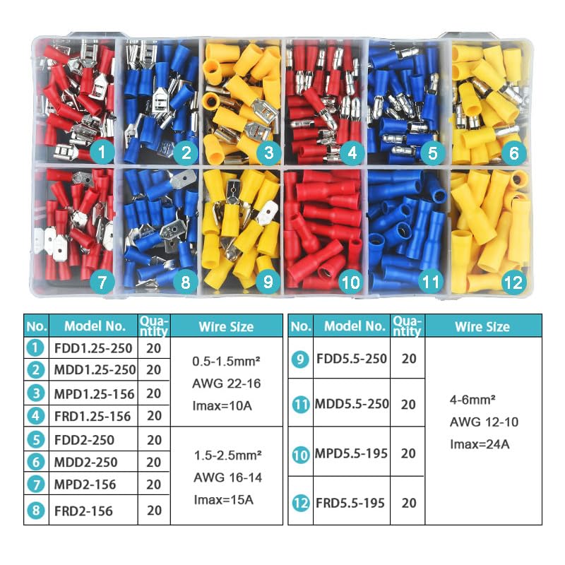 Connecteurs rapides isolés femelles mâles AWG 22-10, 240 pièces, sertissage électrique, FDD/FRD/MDD/MPD