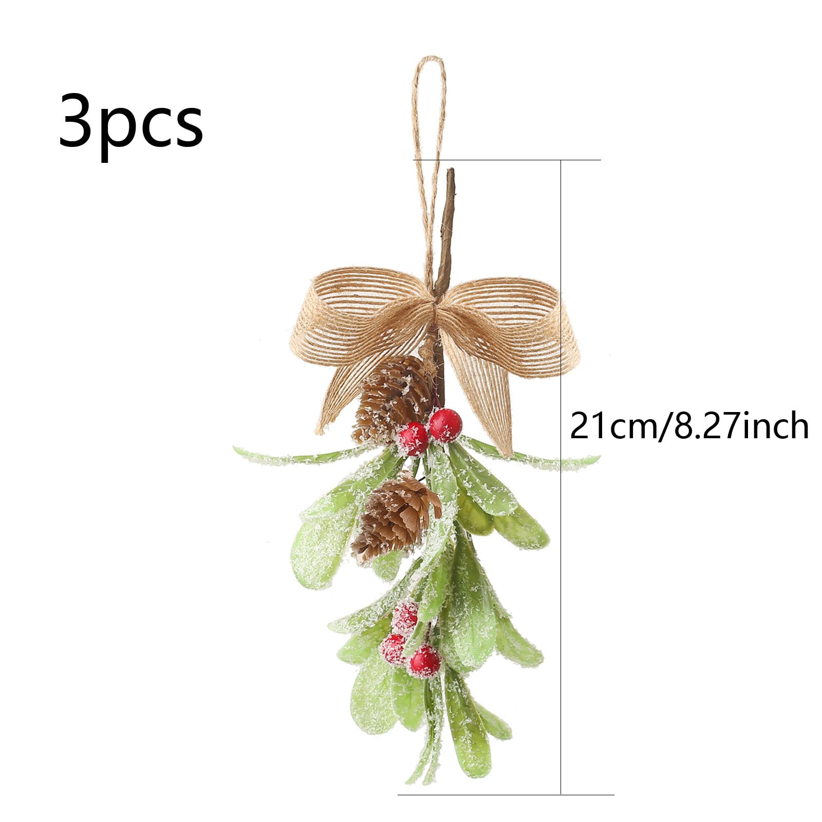 DAHI 3 adornos de muérdago artificial de Navidad con cinta, decoraciones de muérdago para colgar, muérdago artificial, conos de pino, decoración navideña, ramo de adornos