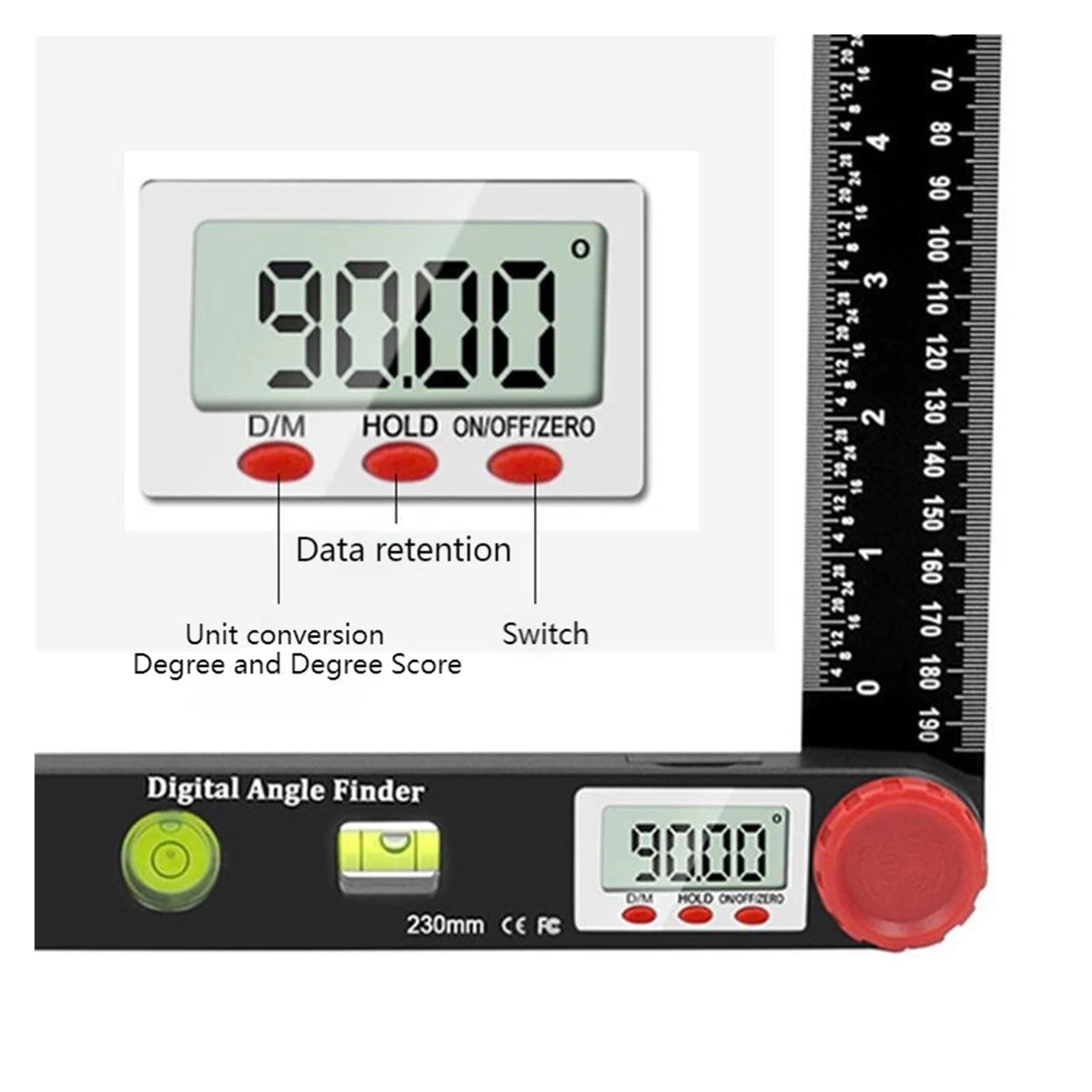 MUHM Goniómetro 4 en 1, Regla de ángulo electrónico, Instrumento de nivelación, Escala de 190mm/7 Pulgadas, 0-999, transportadores de Pantalla Digital, Herramientas de carpintería