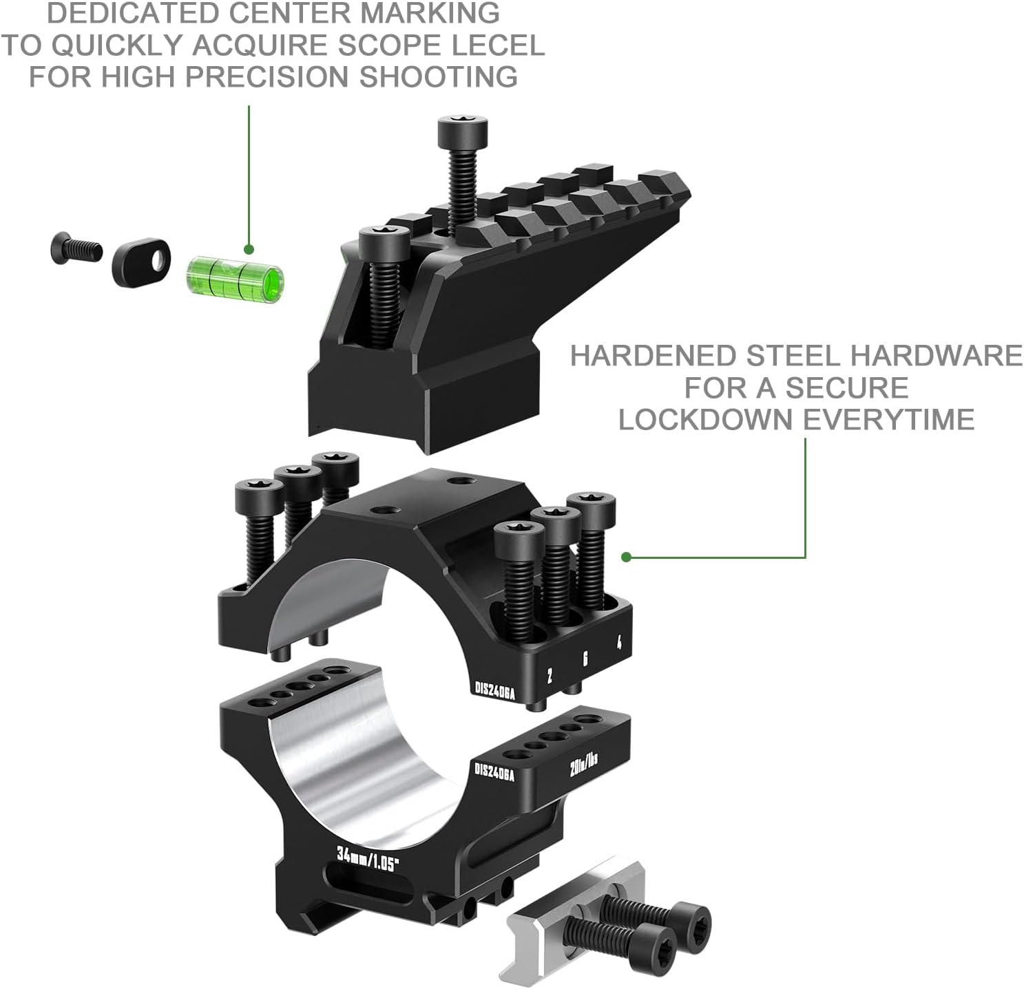 Heavy Duty Scope Rings-7075 Aluminum Precision Lapped Picatinny Mount with Bubble Level, Picatinny Rail, for Rifle Scope Mounting