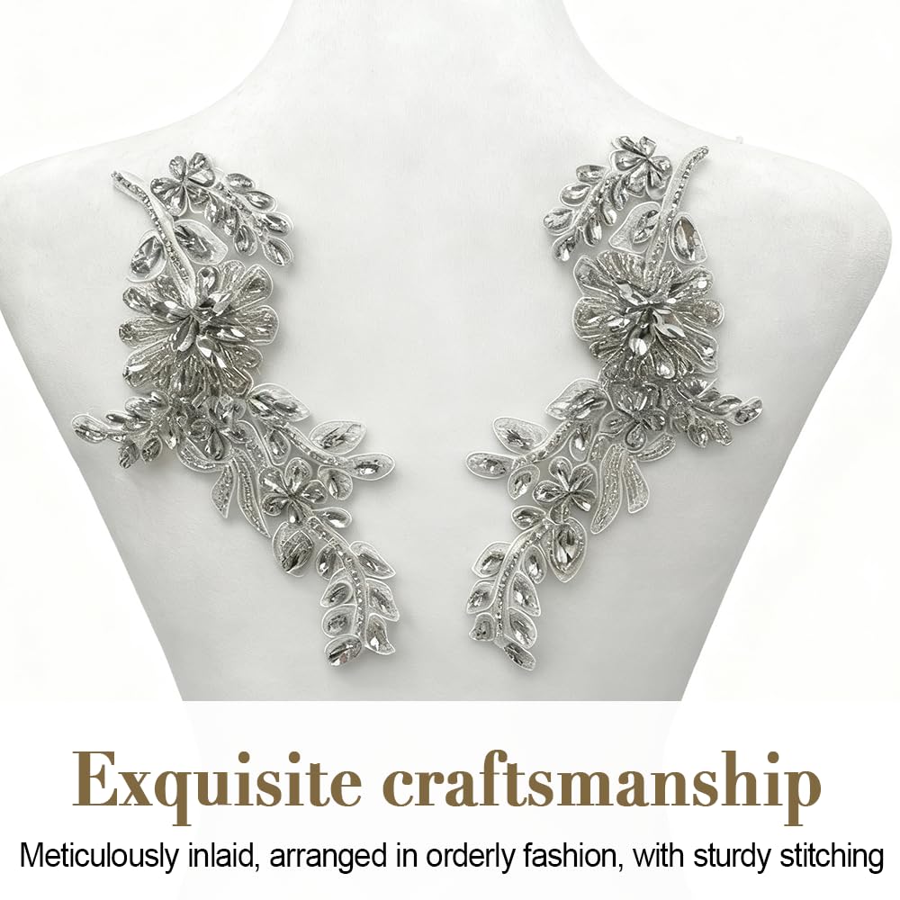 Strass Applikation, 2 Stück Stickerei Spitze Aufnäher, Handgefertigt Nähen Flicken für Hochzeitskleid, Brautschleier, DIY-Kleidungsdekoration