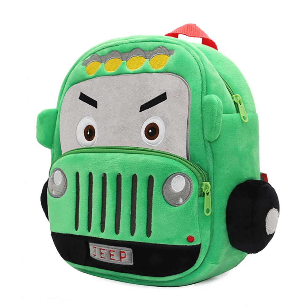 Kumkey Kids Backpack Toddler Preschool School Bags Cartoon Car Travel Rucksacks Kindergarten Nursery Bookbag Lightweight Daypack for 2-6 Years Boys Girls (Green Jeep)