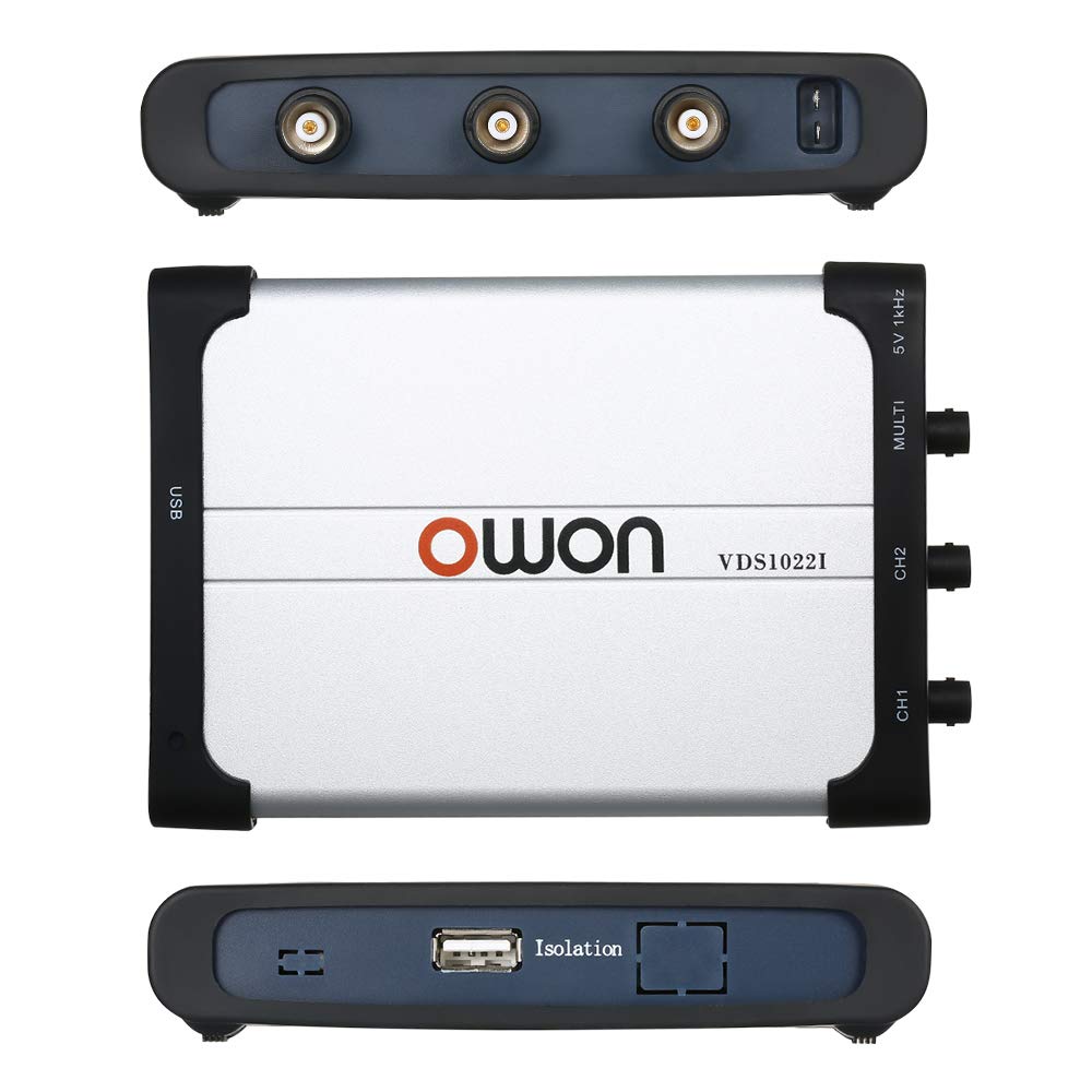 OWON VDS1022I Oscilloscope showing front and back with isolation