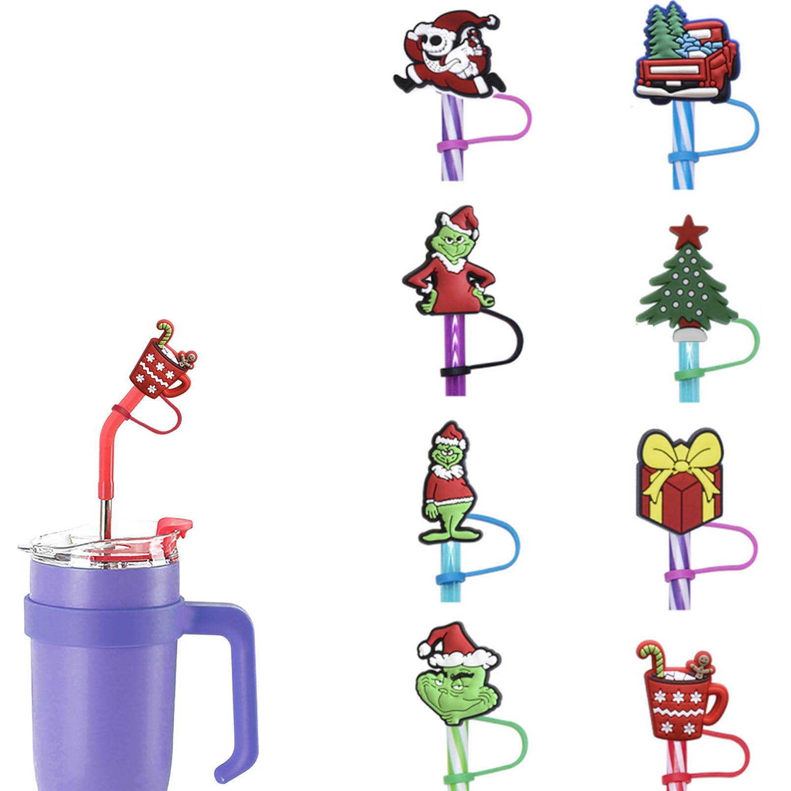 Wehnniee 8Pcs Christmas Straw Toppers, 0.32 Inches 8mm Cartoon Covers for Drinking Party Supplies, Reusable Dust-Proof Topper Cap Accessories Compatible With Small Size Cups Tumbler