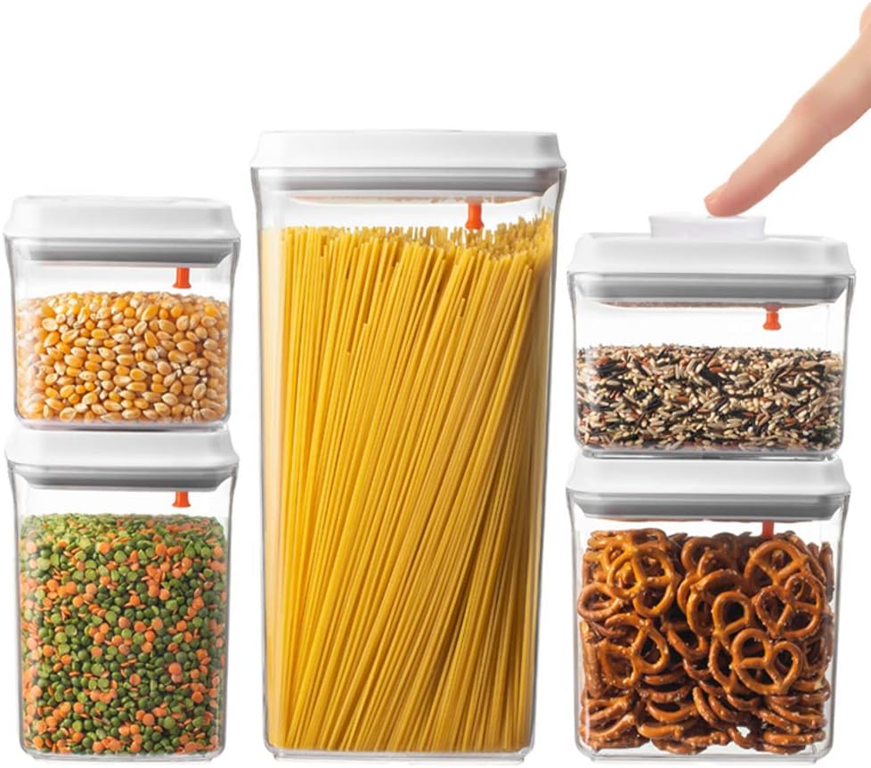 BREVER 5-PC AirTight Push Pop Food Storage Container Set Value Pack - Cereal, Flour, Sugar, Pasta, Rice - 100% BPA FREE, 5 Yr Warranty