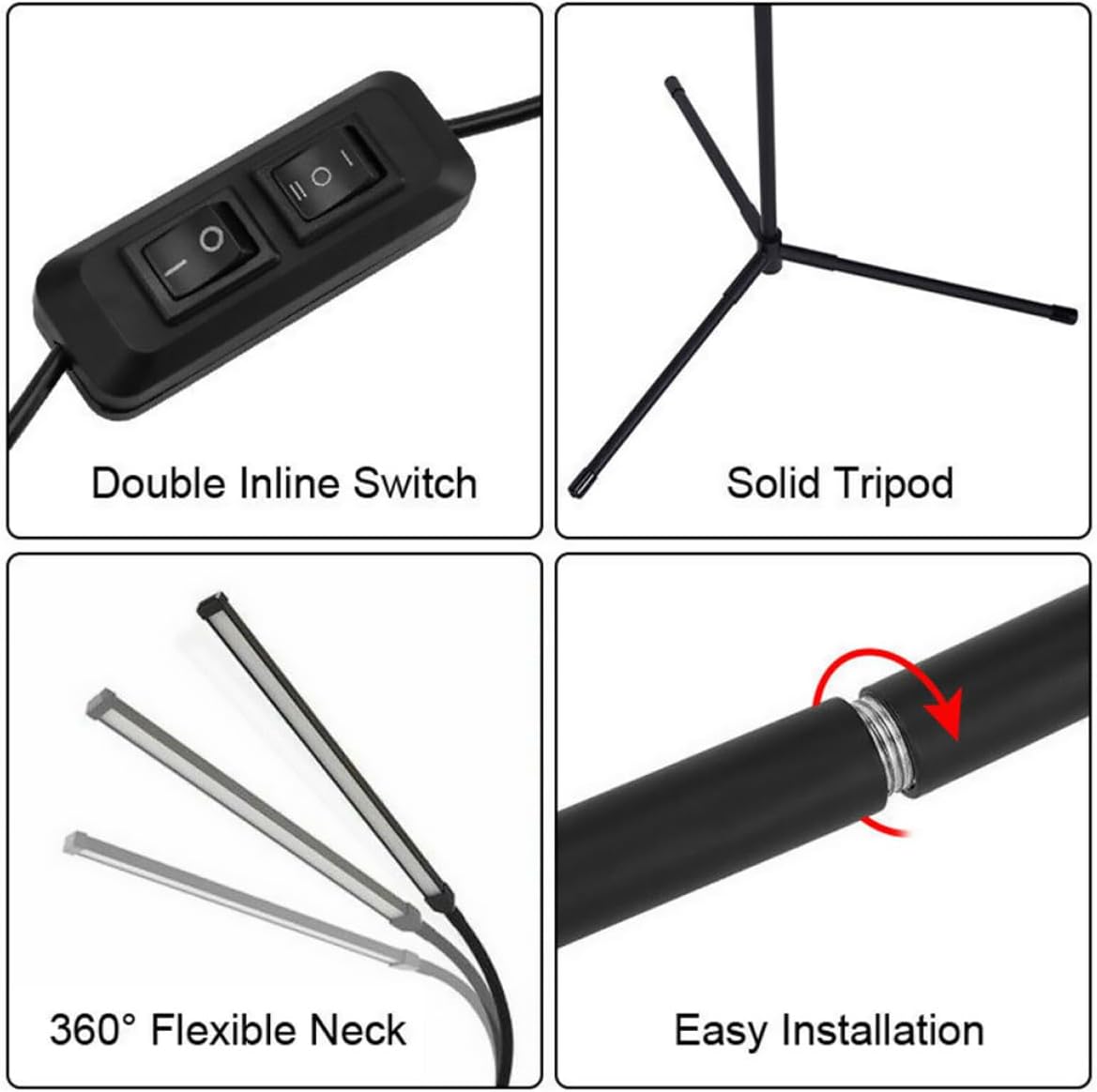 Black Adjustable Clip-on Floor Lamp, Dimmable Flexible Gooseneck Reading Light, Eye Protection Desk Lamp for Bedroom and Office