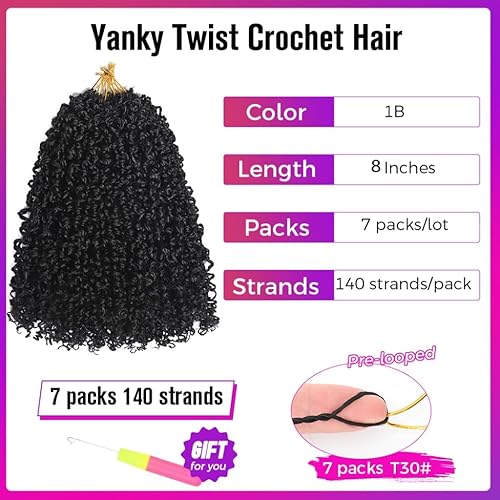 Miniatura 2 de Pelo de ganchillo Yanky Twist de 8 pulgadas para mujeres negras, 7 paquetes de cabello corto bohemio con extremos rizados, cabello sintético rizado