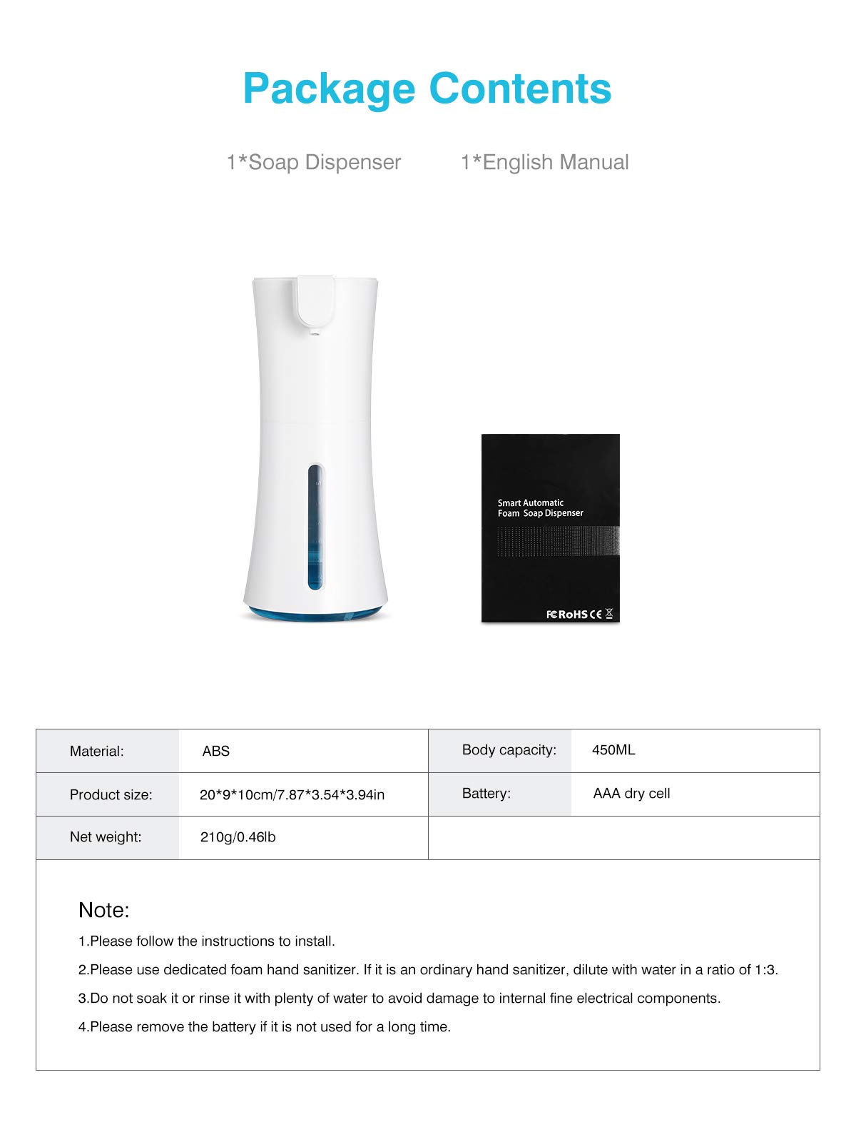 Pompa di Erogazione del Sapone della Cucina del Bagno Dispenser del Sapone della Schiuma del Sensore Infrarosso Dell'erogatore del Sapone della Schiuma Autoinduzione 450ml A