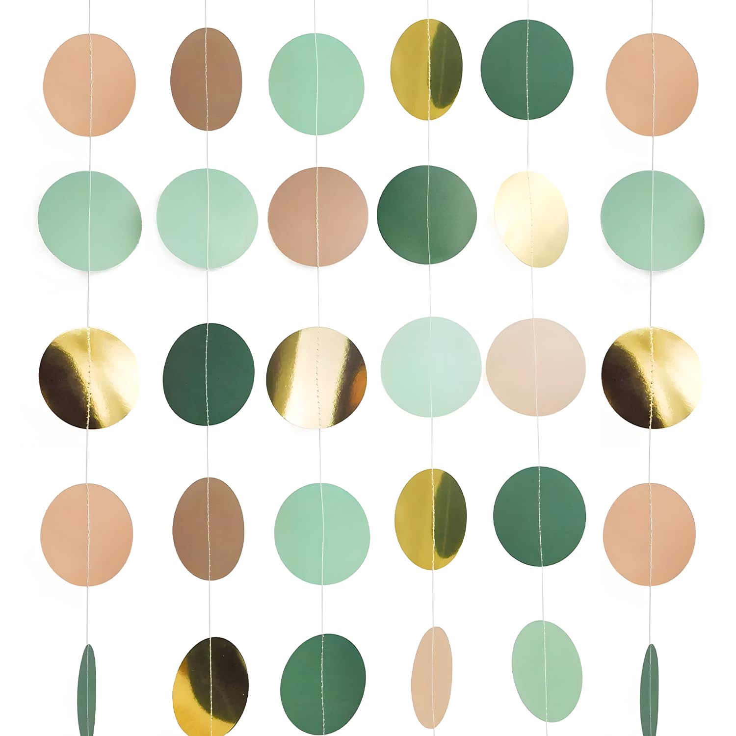 YAWYO Pack of 3 Reflective Paper Garland, Hanging Circle Dots Streamer, Green Gold Round Garland for Birthdays Carnival