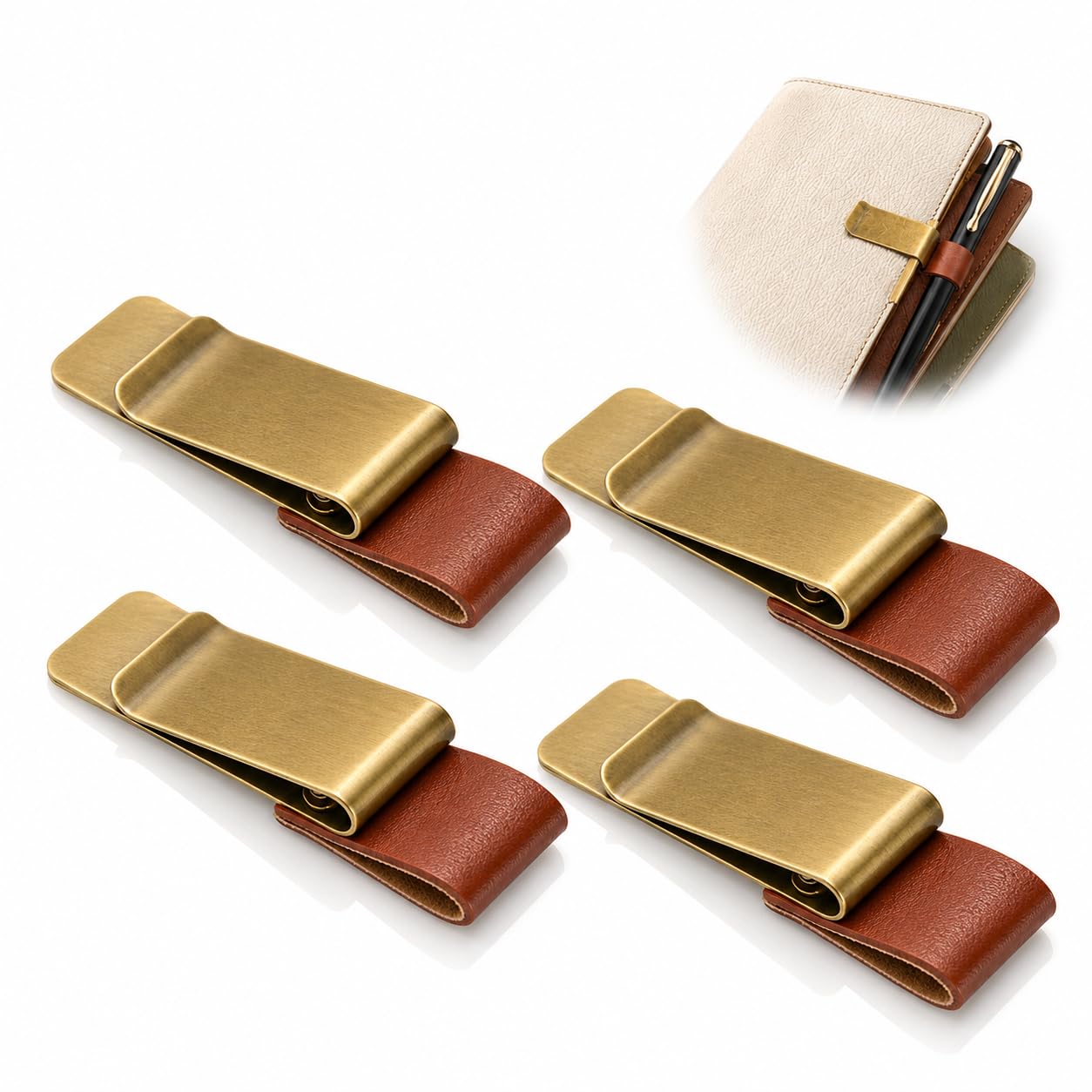 CanQuanSWZX 4 Pack Retro Style Notebook Leather Pen Holder with Pen Loop Leather Holders, Stainless Retro Clips for Journals, Planners and Calendars
