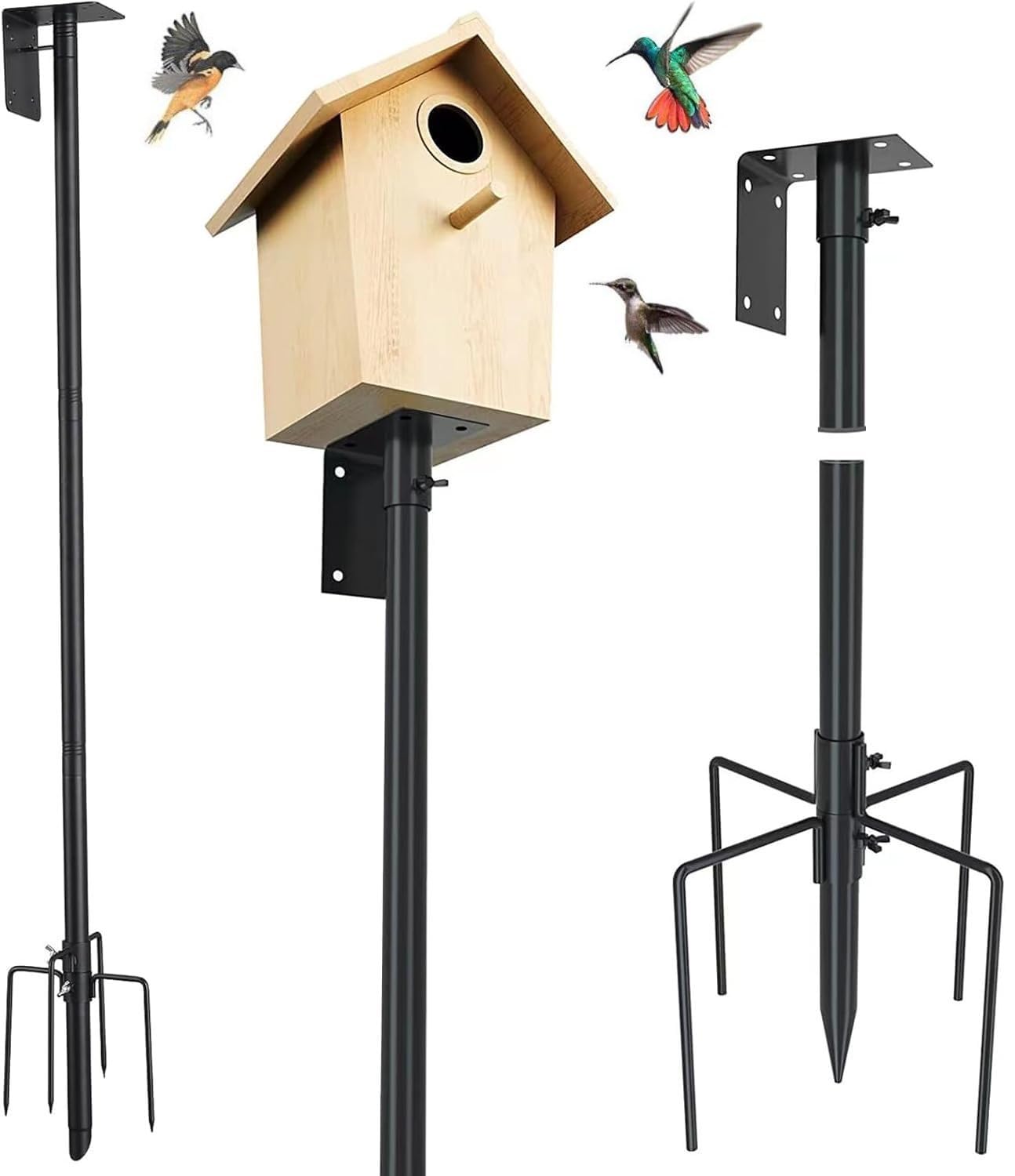 Kit de support de perche pour mangeoire à oiseaux, réglable, 193 cm, support universel avec 5 dents, pour jardin, extérieur, cour, noir