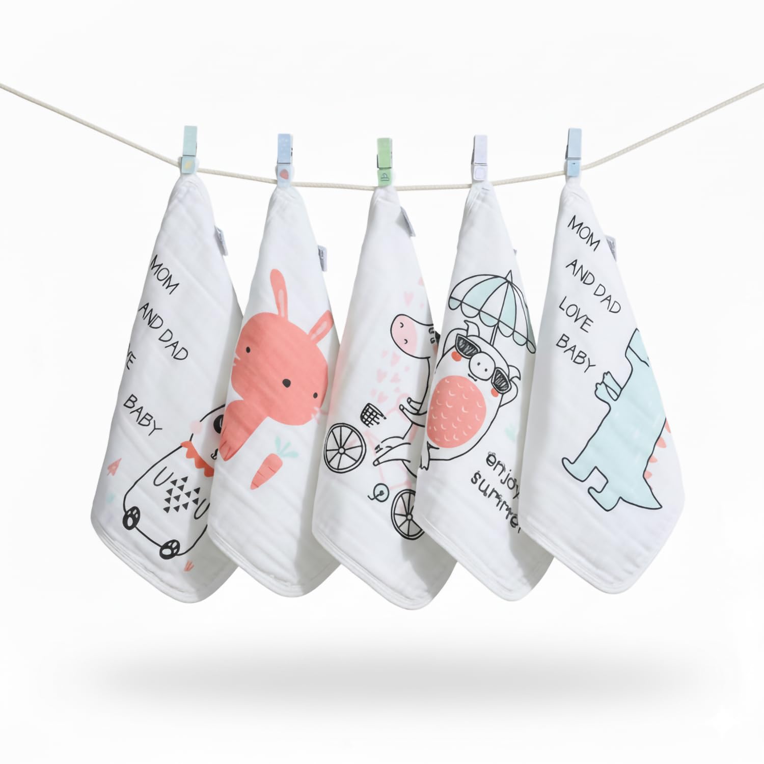 BabyMoo Cartoon Print Pack of 5 Soft Hankies Multipurpose Wash Cloth Muslin Napkin - White-image-29
