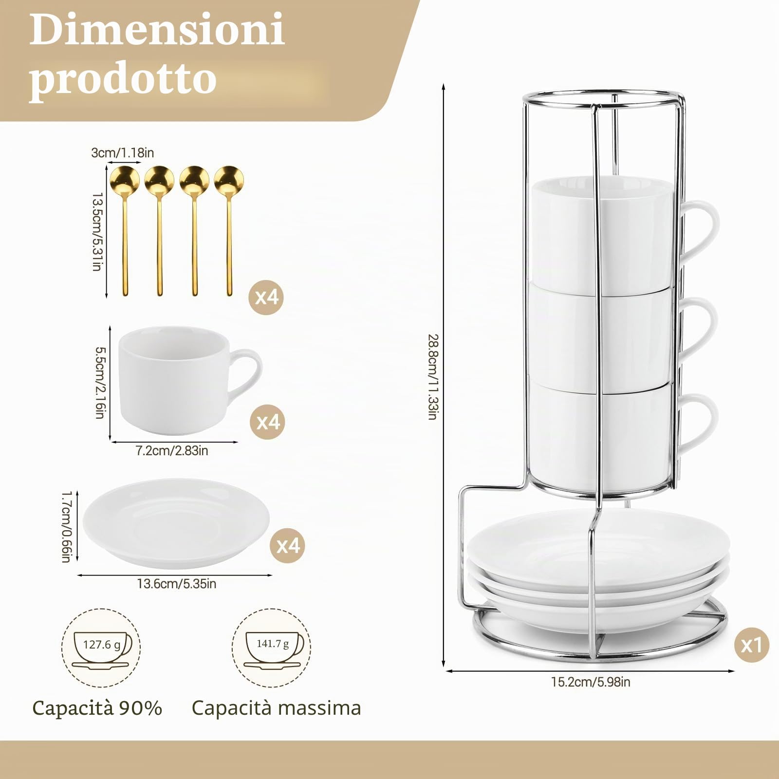 Set di 4 Tazzine Caffè, 4 x 5oz(160ml) Set Tazzine Caffè impilabili in Piattino e Supporto in Metallo, Ideale per Espresso, Cappuccino, Latte, Moka e Tè(con 4 Cucchiaio da Caffè)