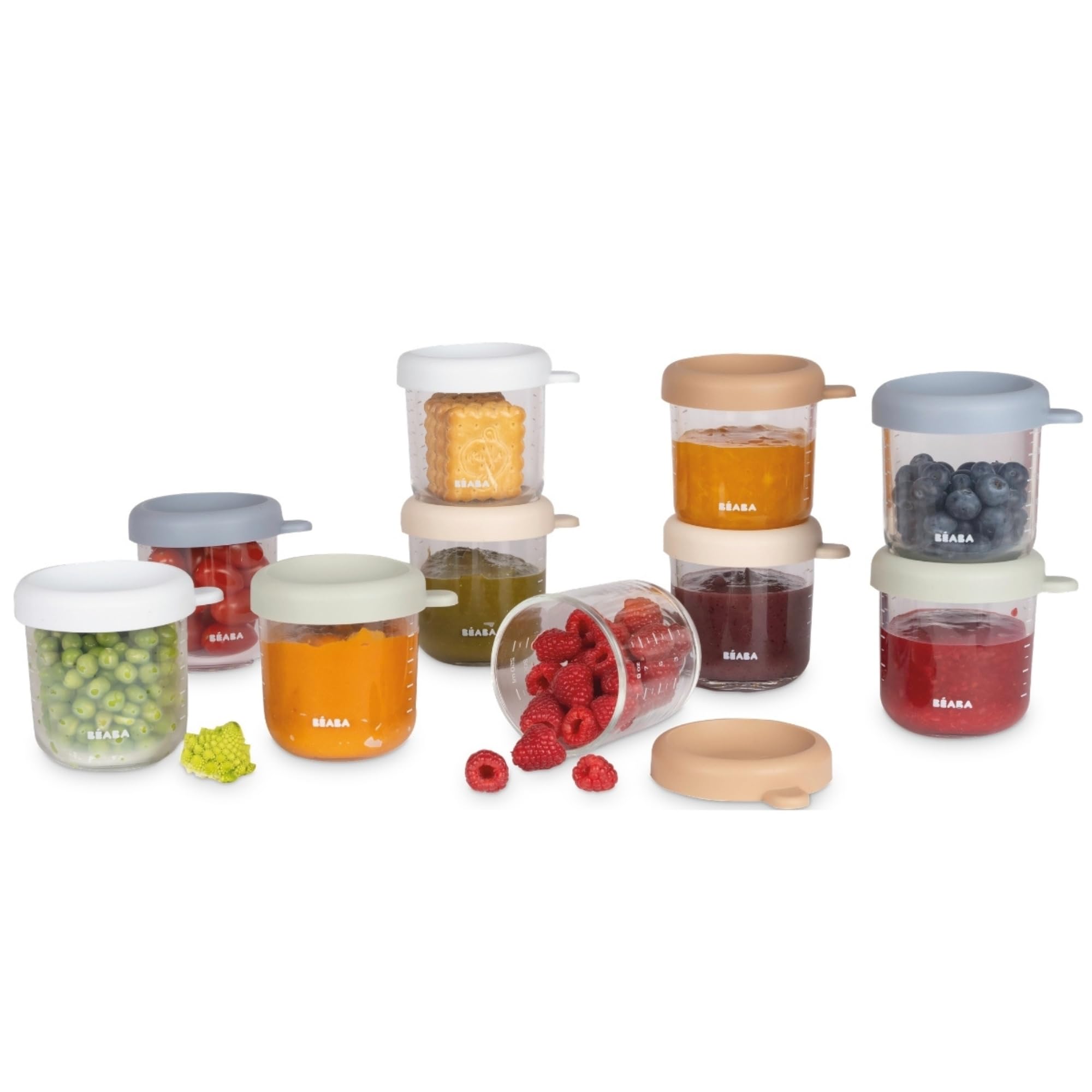 BÉABA, Set 10 Contenitori in Vetro per la Conservazione dei Pasti del Bambino/Vetro Resistente, 100% Ermetici, Resistenti Caldo Freddo, Congelamento, Sterilizzazione, Graduati, 250 ml, Natural Colors