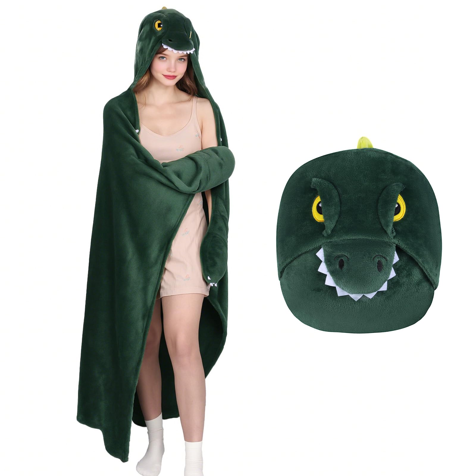 MSISILY Coperta con cappuccio indossabile da donna, morbida mantella avvolgente in pile e felpa con cappuccio Sherpa, Dinosauro Dreen, 160X130 cm